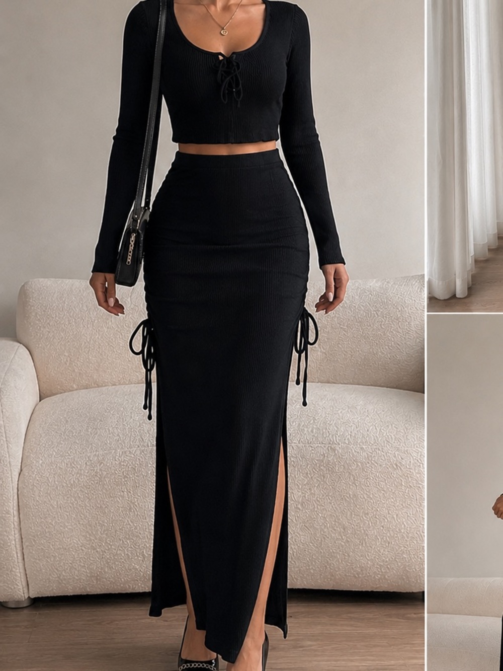 Black Long Sleeve Crop Top & Maxi Skirt Set - Sleek Side Slit